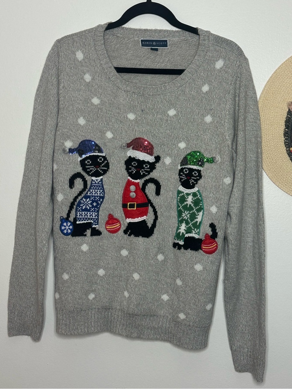 Karen Scott Gray Sweater with Sequin Black Cat Holiday Trio